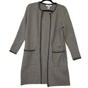 Magaschoni Long Grey Cardigan Sweater Duster Sz XS Black Stitching Two Pockets